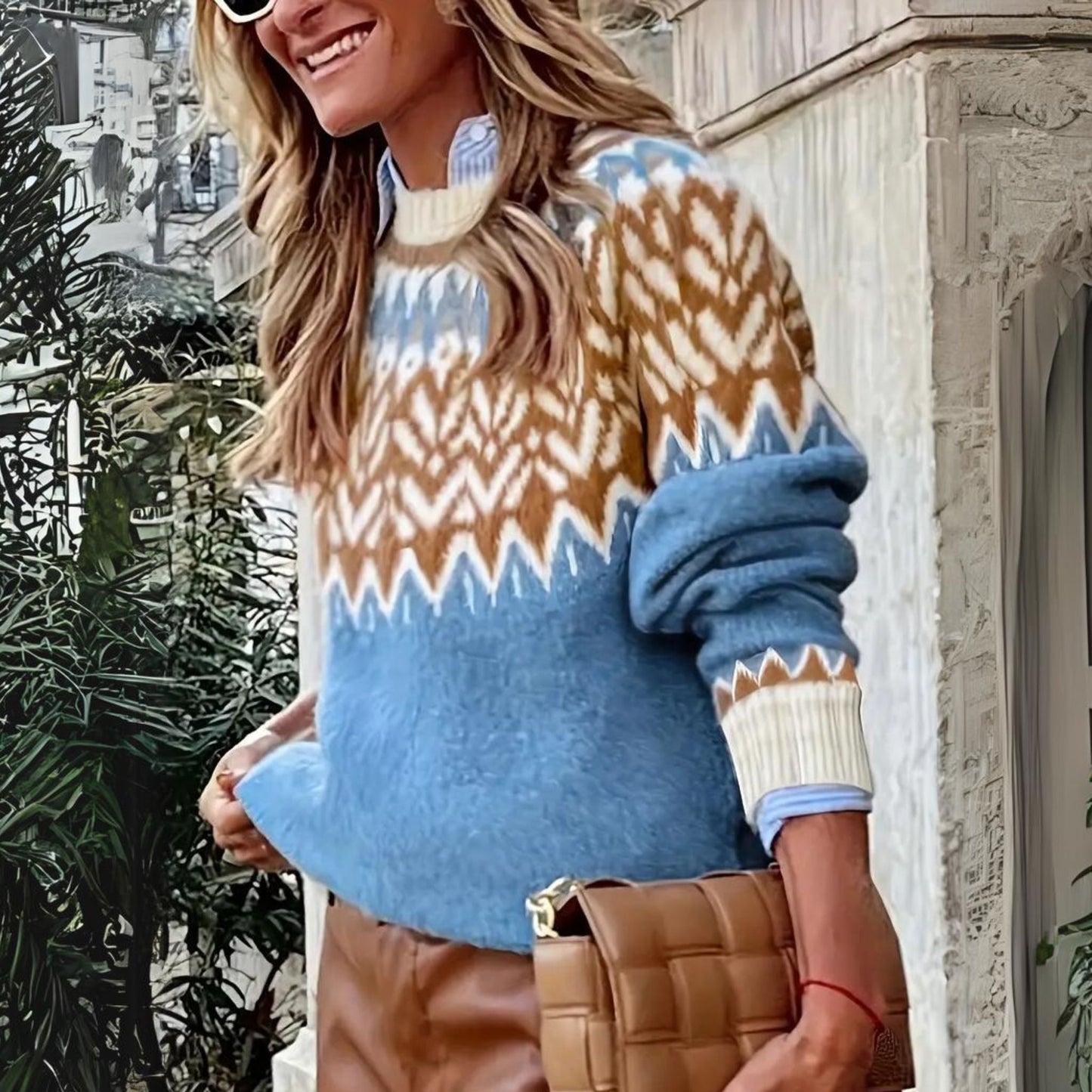 Fair Isle Knit Sweater - Powder Blue / Cream / Tan