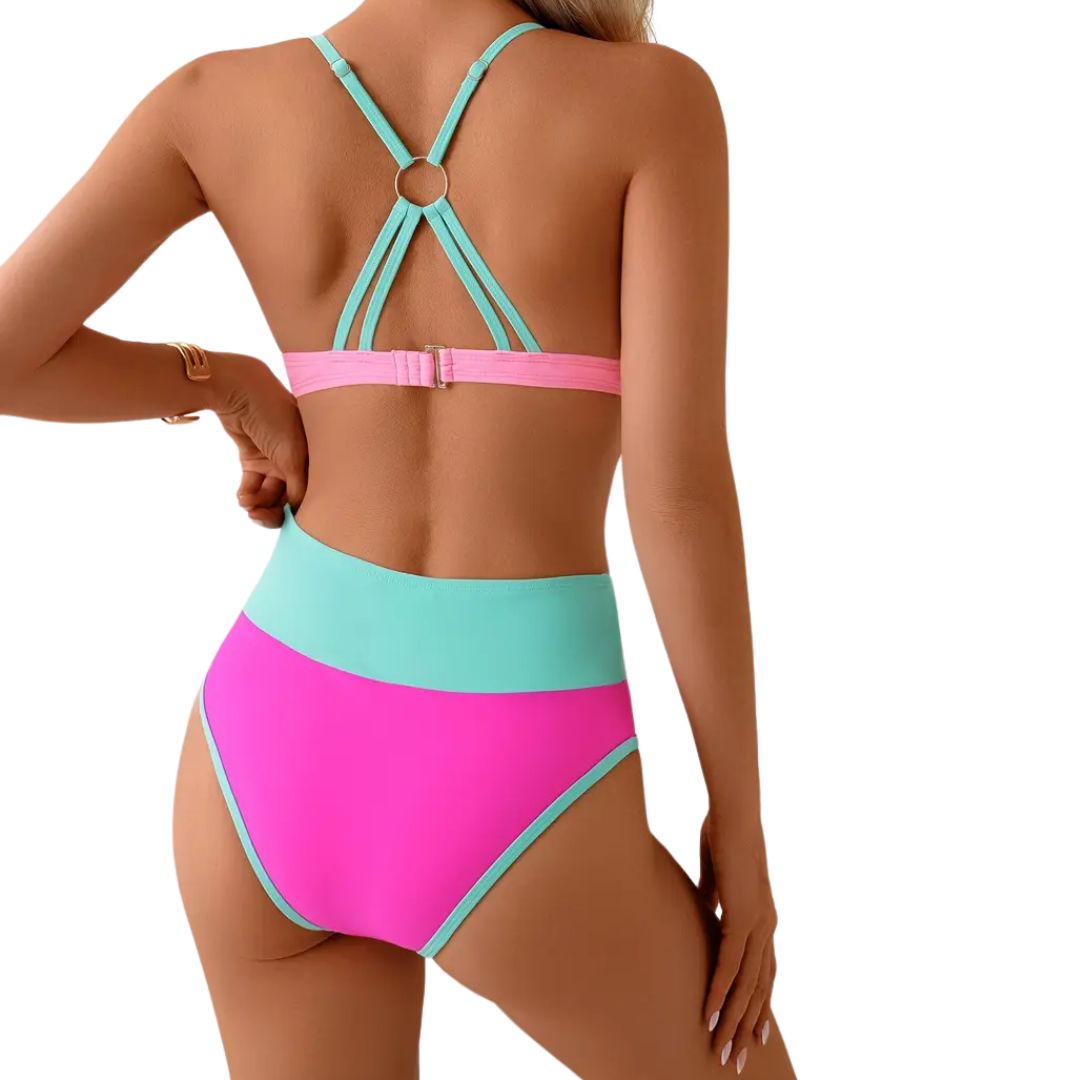 Strappy High Waisted Bikini Swim Suit - Pink / Teal