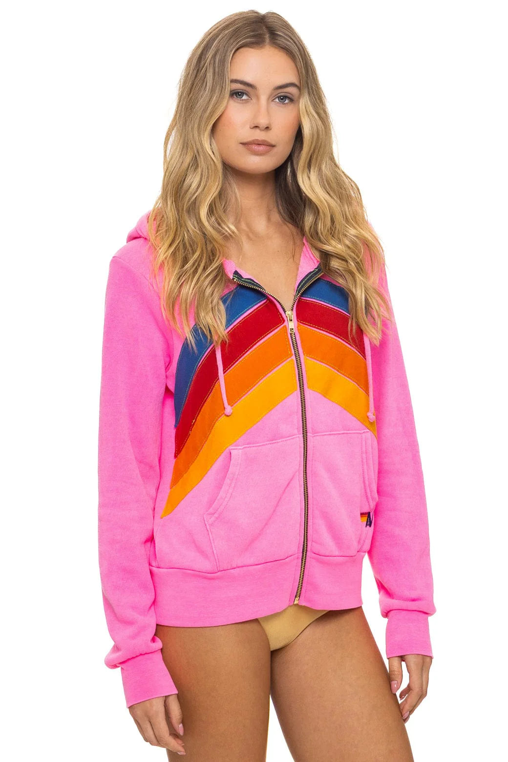 Aviator Nation Adult Mountain Stitch Chevron 4 Zip Hoodie - Neon Pink