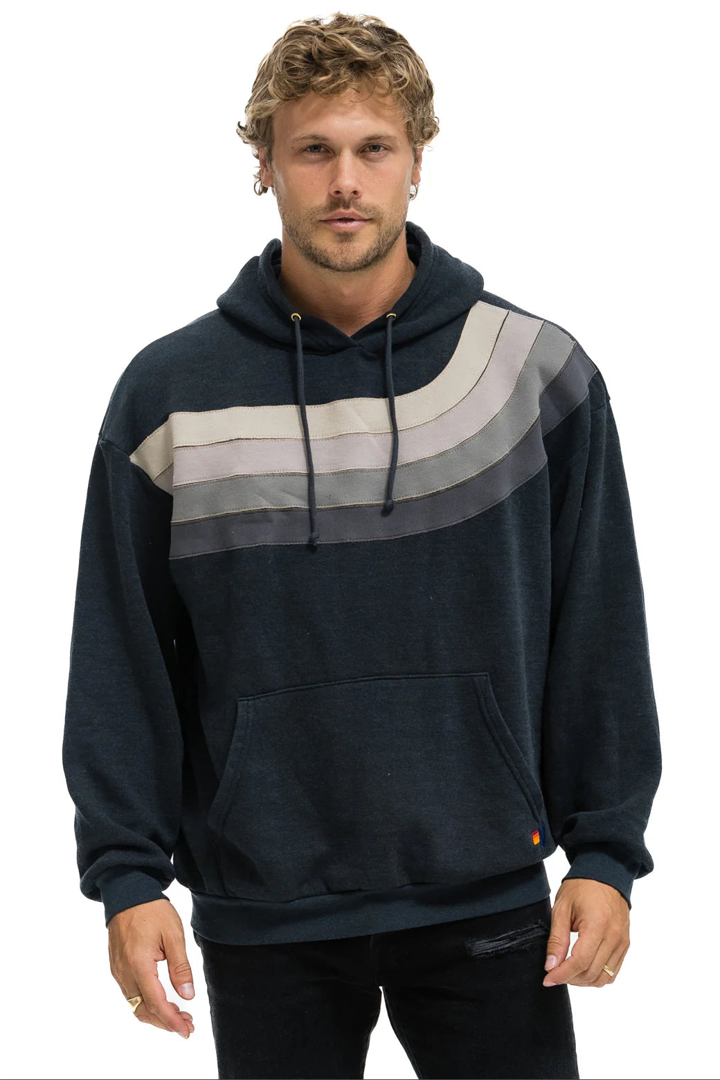 Aviator Nation - Adult Unisex Wave Stripe Pullover Relaxed Hoodie - Charcoal / Charcoal
