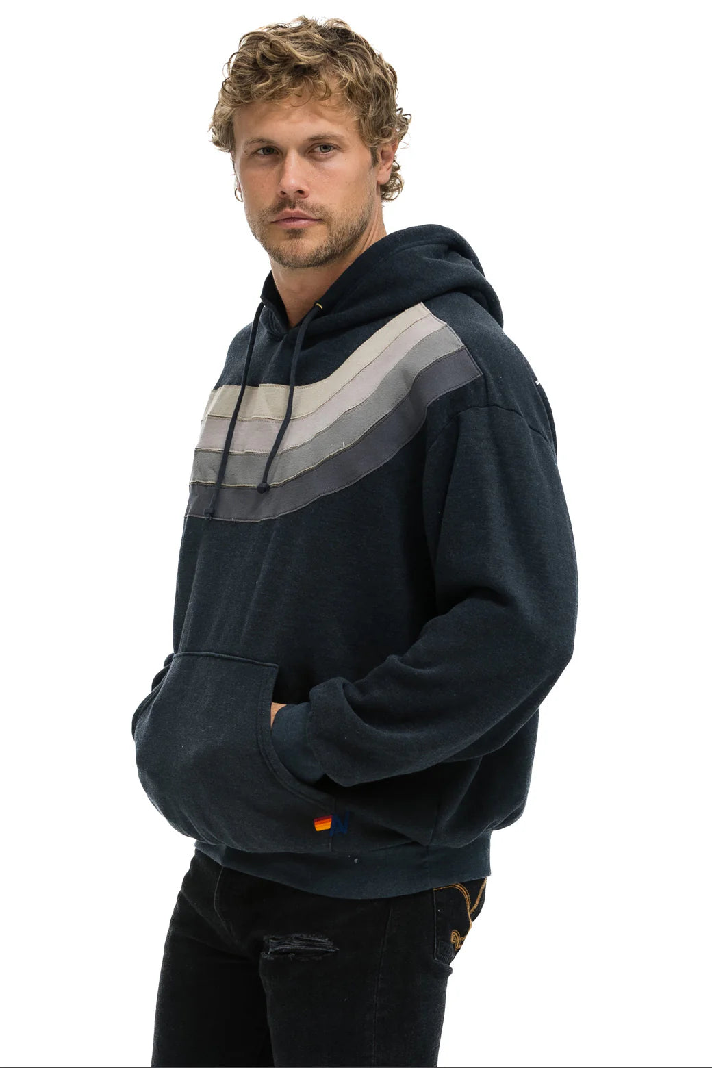 Aviator Nation - Adult Unisex Wave Stripe Pullover Relaxed Hoodie - Charcoal / Charcoal