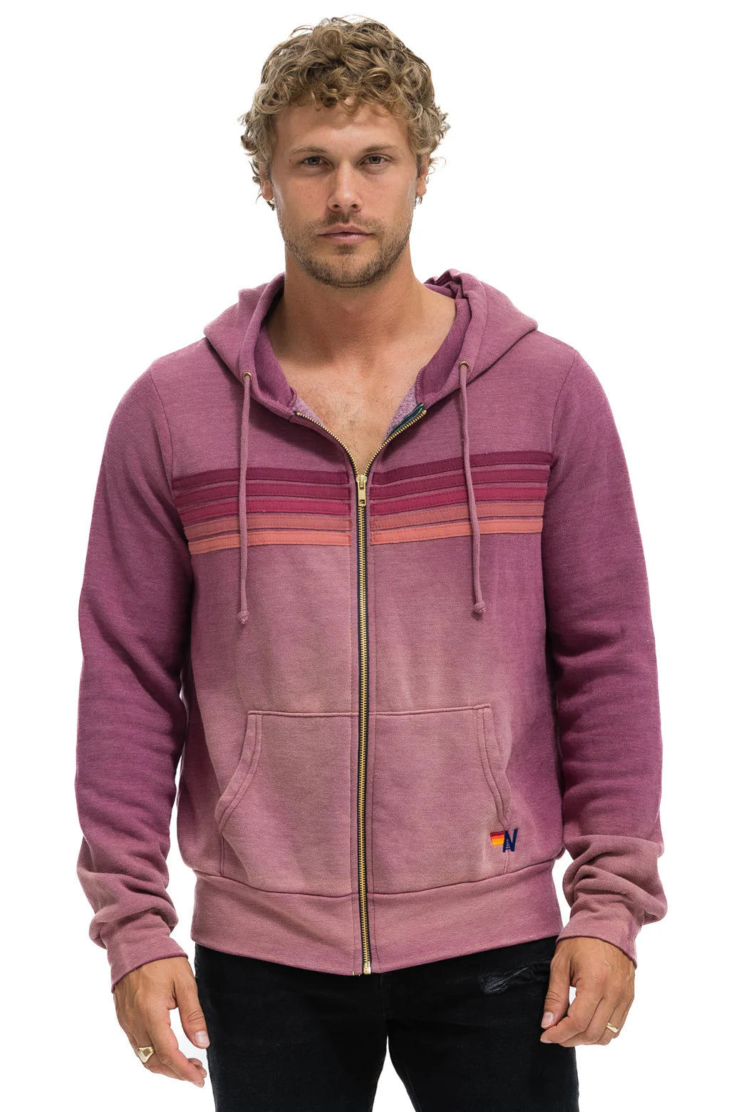 Aviator Nation - Adult 5 Stripe Zip Hoodie - Faded Berry