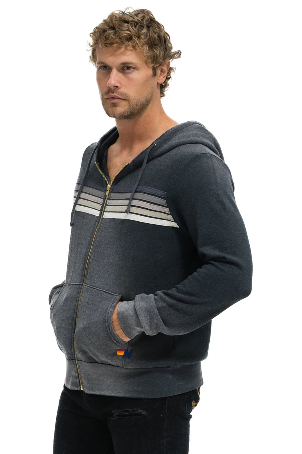 Aviator Nation - Adult 5 Stripe Zip Hoodie - Faded Smoke