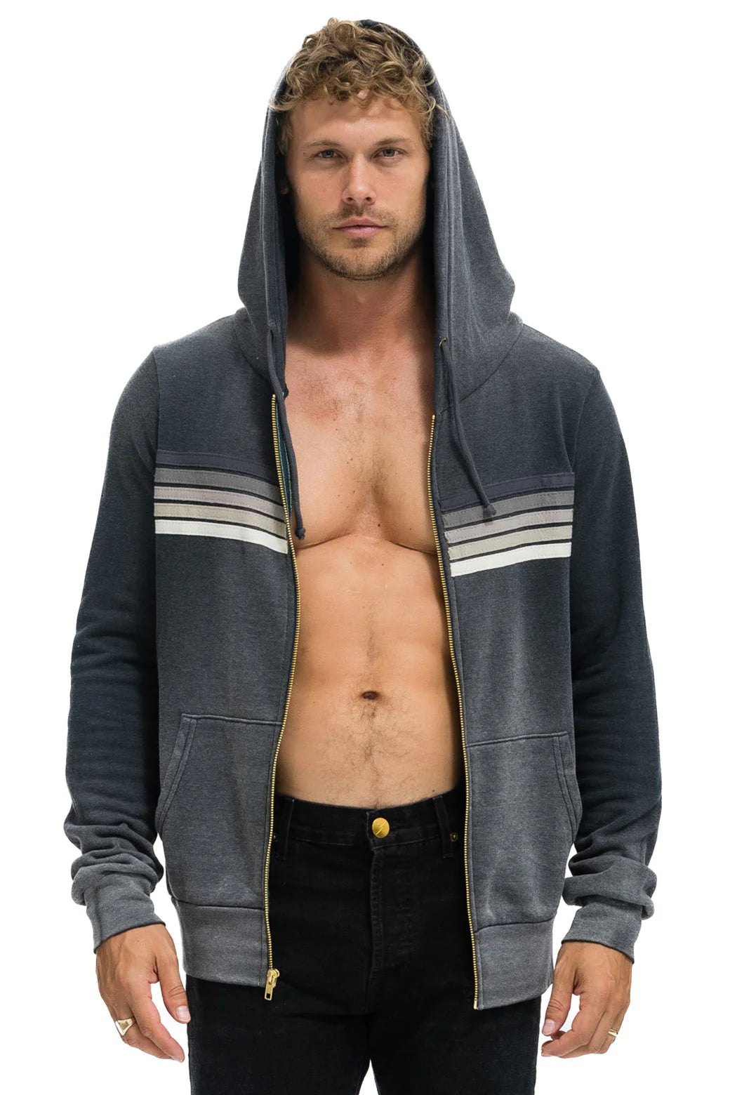 Aviator Nation - Adult 5 Stripe Zip Hoodie - Faded Smoke