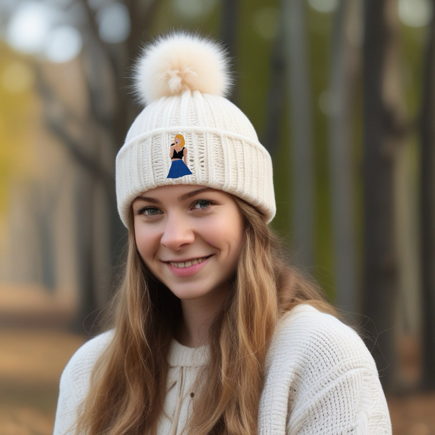 Knitted Beanie with Faux Fur Pom Pom - Ivory / Blue Swiftie Patch