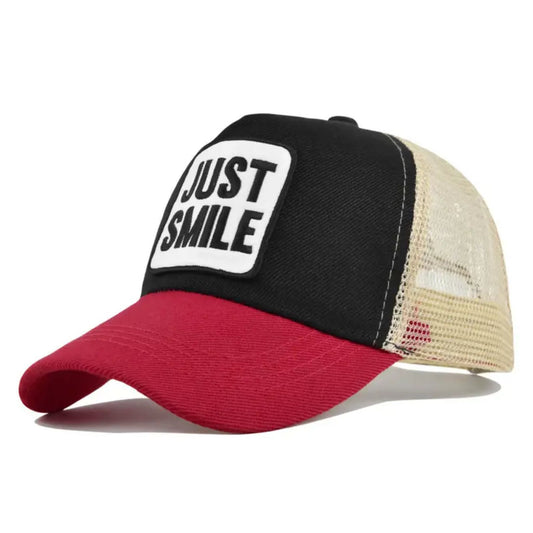 Just Smile Snapback Hat - Black / Tan / Red