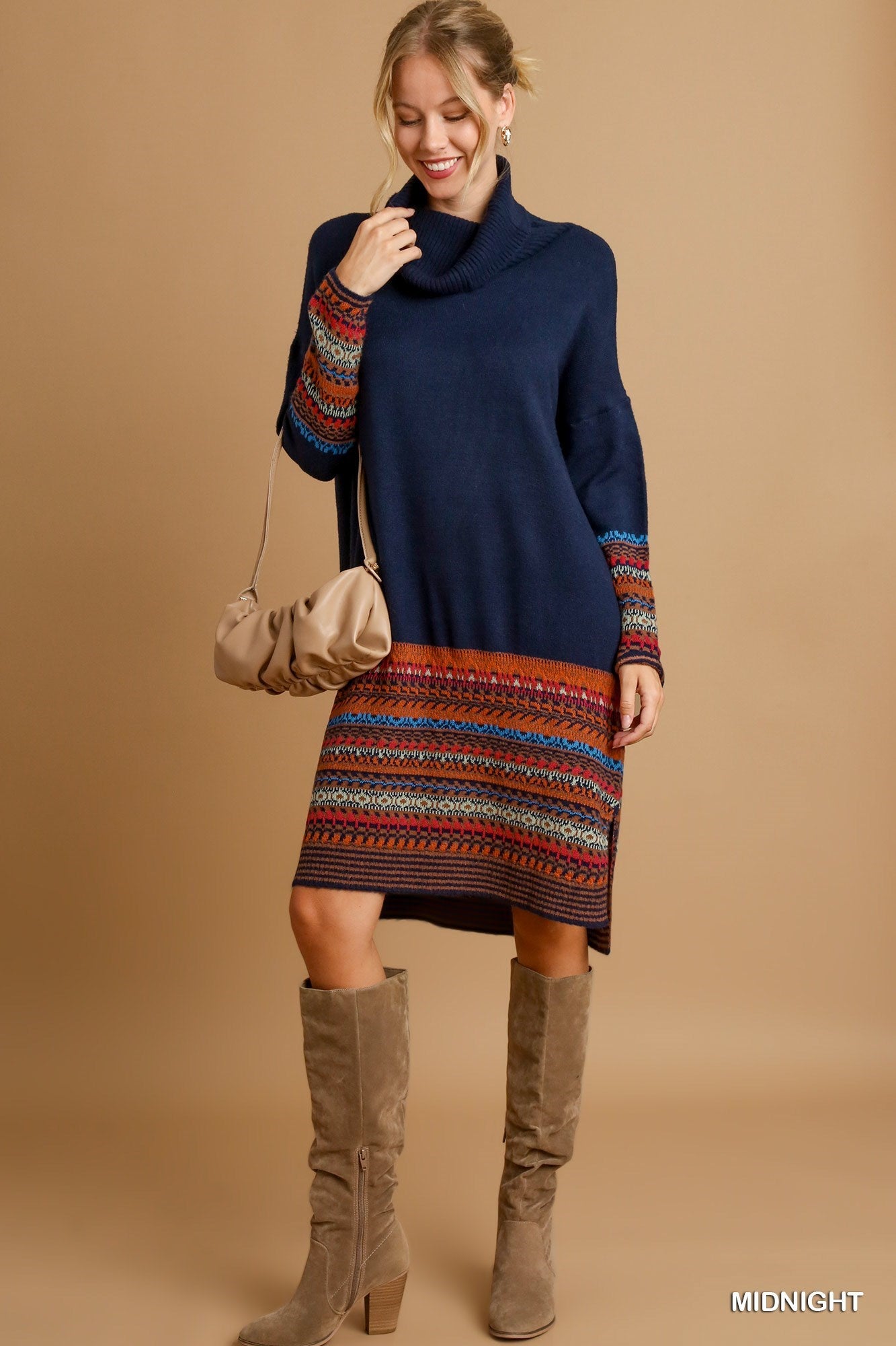 Nordic Knit Long Sleeve Turtle-Neck Dress - Midnight