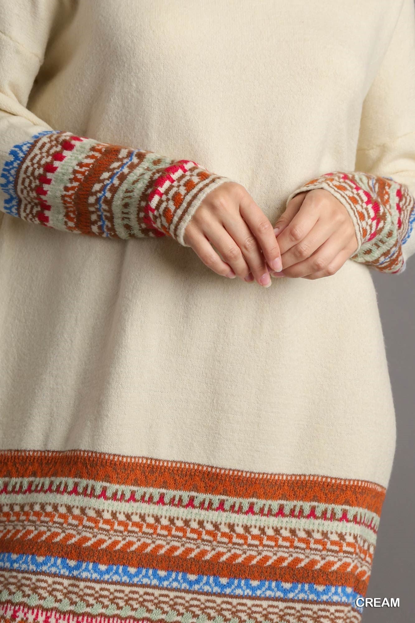 Nordic Knit Long Sleeve Turtle-Neck Dress - Cream