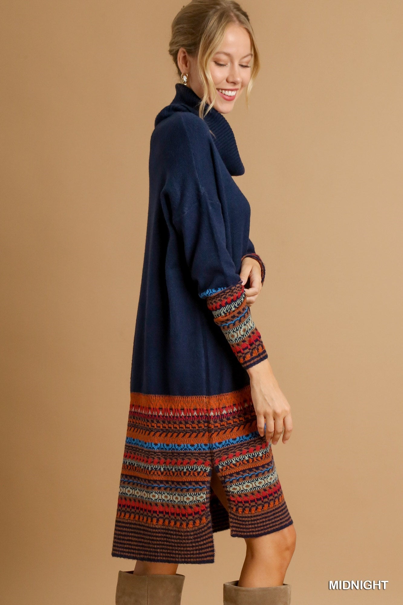 Nordic Knit Long Sleeve Turtle-Neck Dress - Midnight