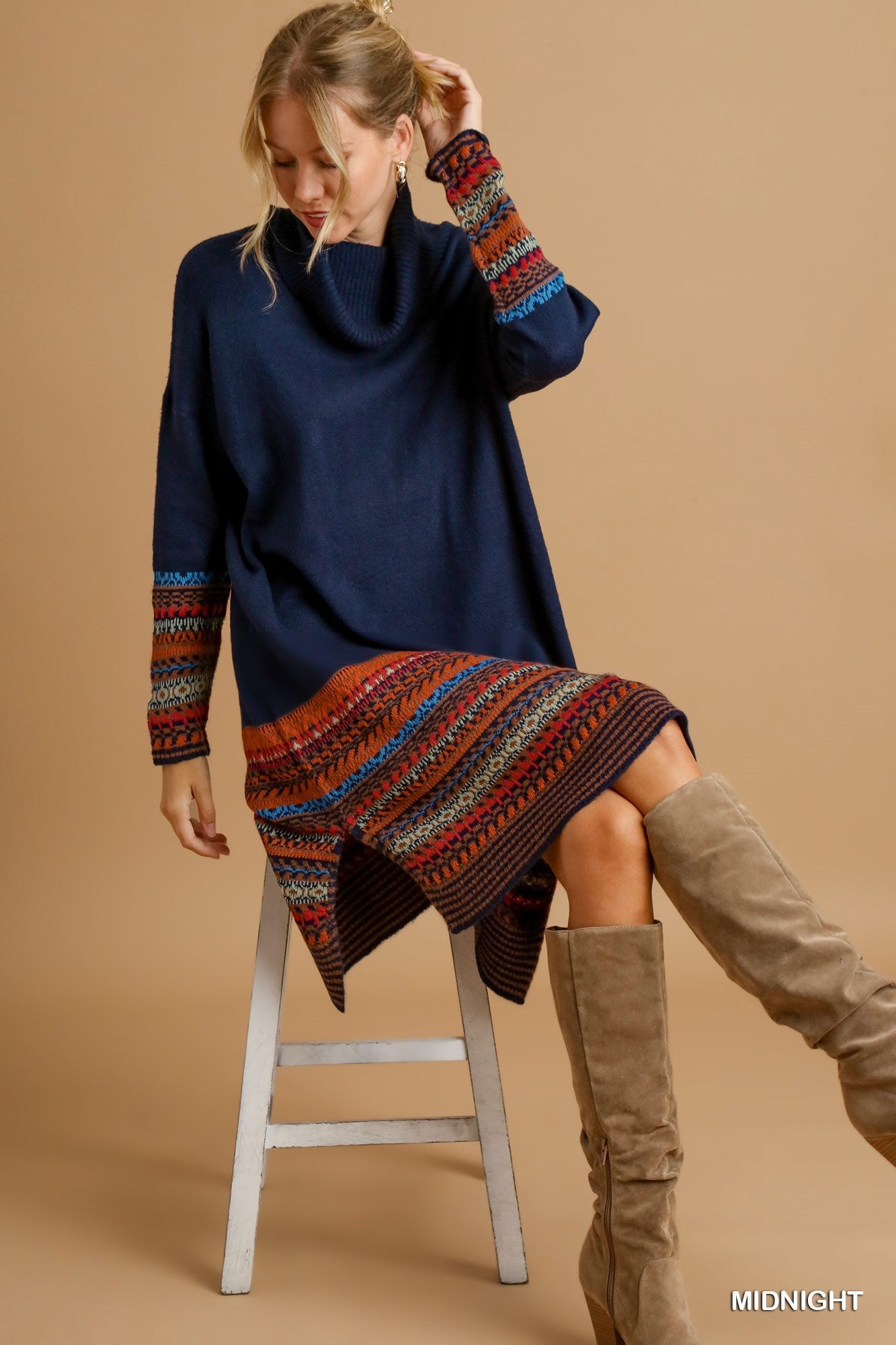 Nordic Knit Long Sleeve Turtle-Neck Dress - Midnight