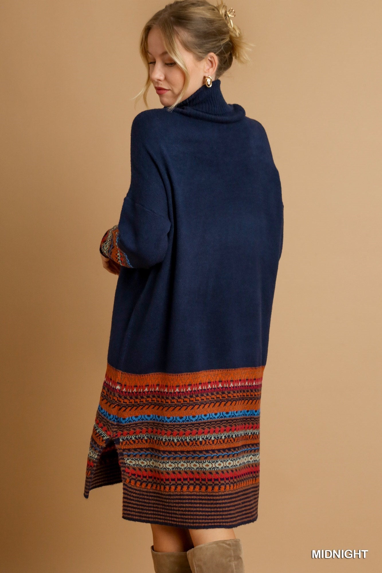 Nordic Knit Long Sleeve Turtle-Neck Dress - Midnight