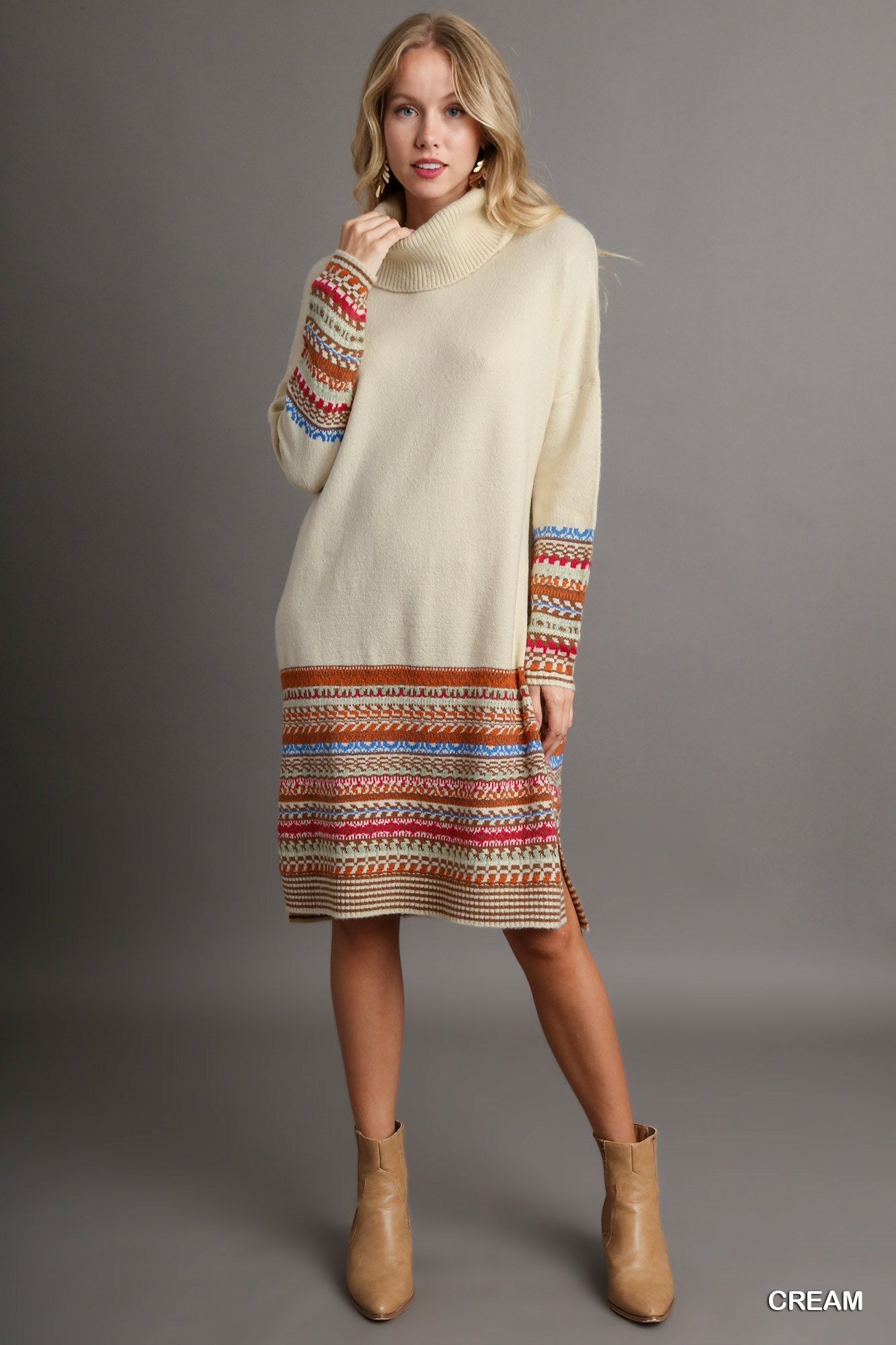 Nordic Knit Long Sleeve Turtle-Neck Dress - Cream