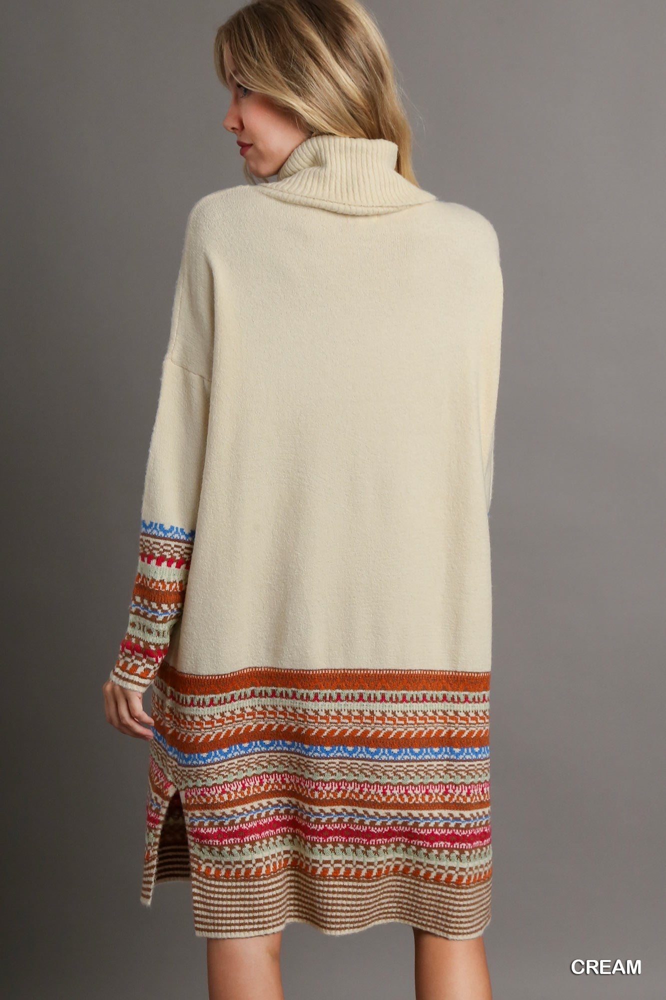 Nordic Knit Long Sleeve Turtle-Neck Dress - Cream