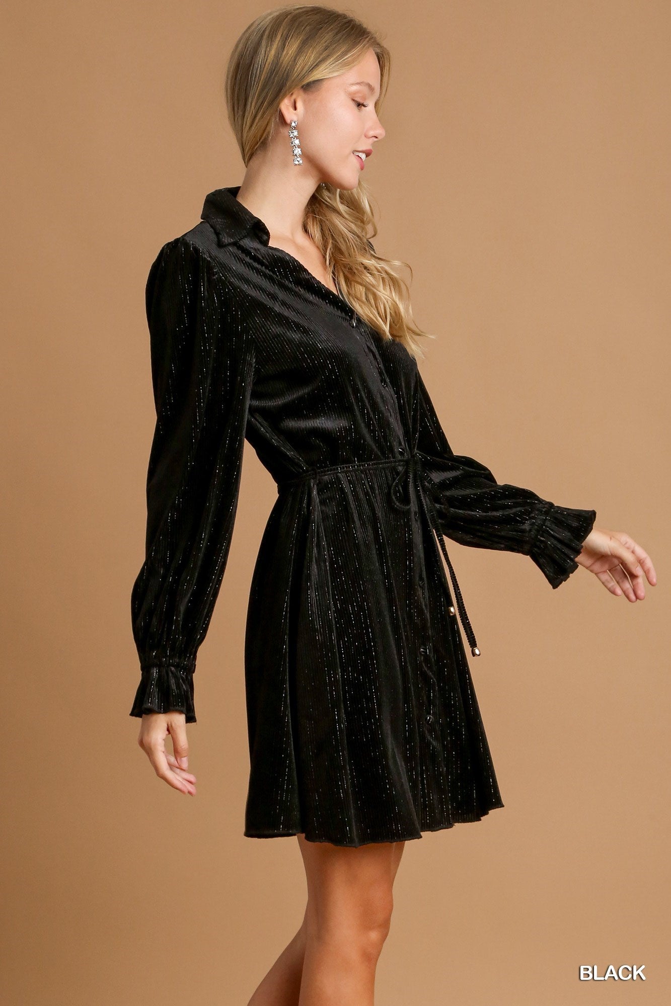 Textured Velvet Mini Dress with Metallic Pinstripe - Black