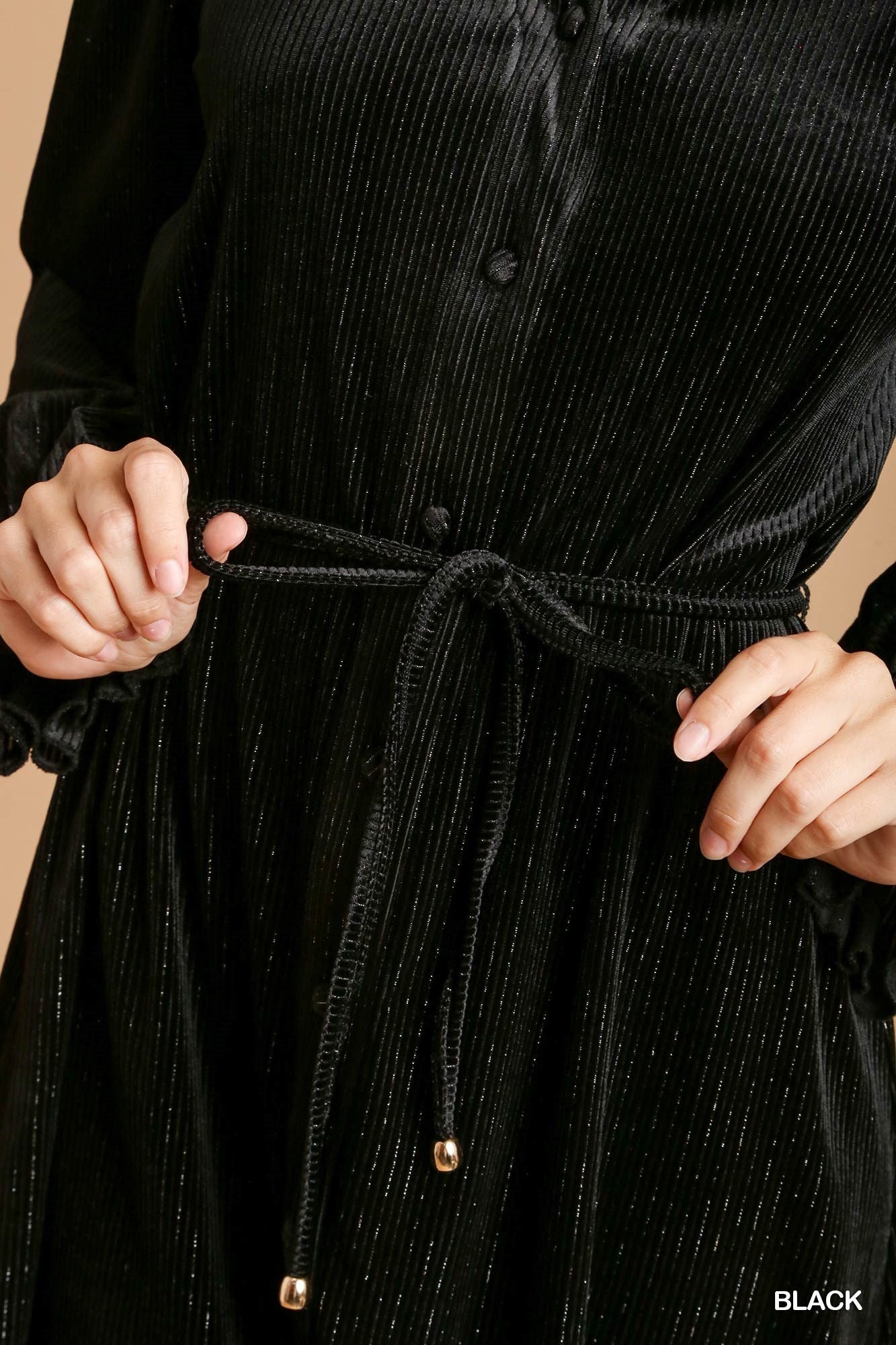 Textured Velvet Mini Dress with Metallic Pinstripe - Black