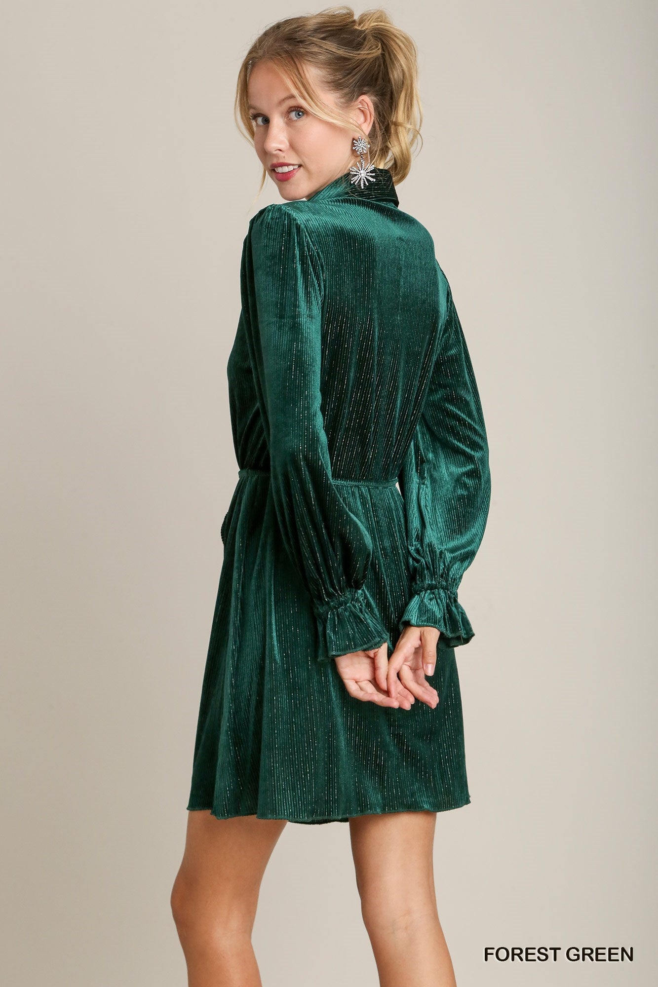 Textured Velvet Mini Dress with Metallic Pinstripe - Forest Green