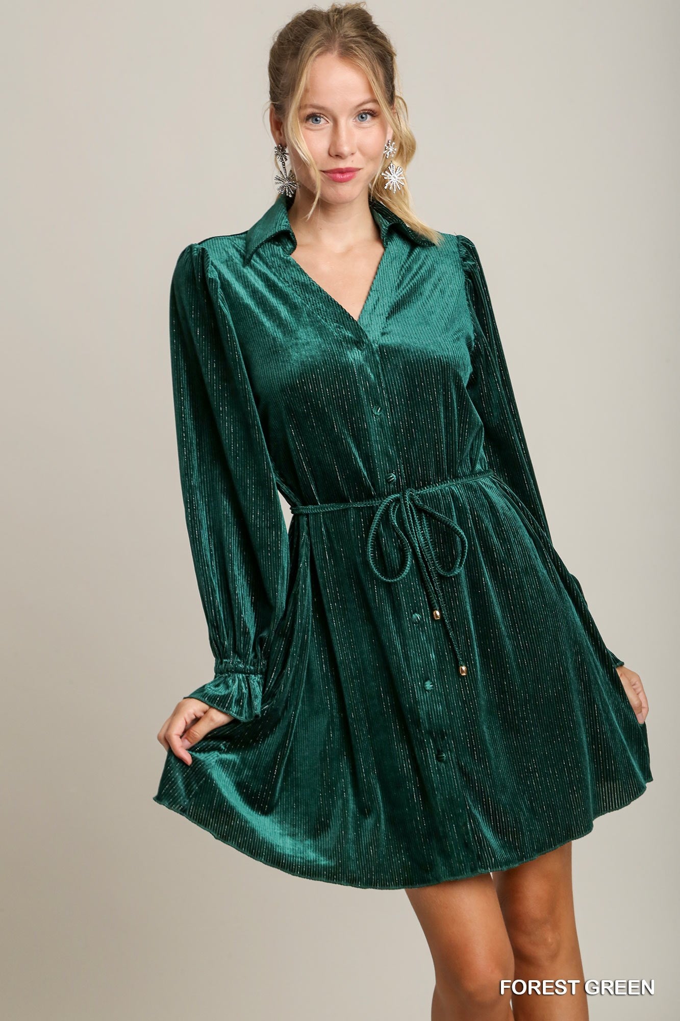Textured Velvet Mini Dress with Metallic Pinstripe - Forest Green