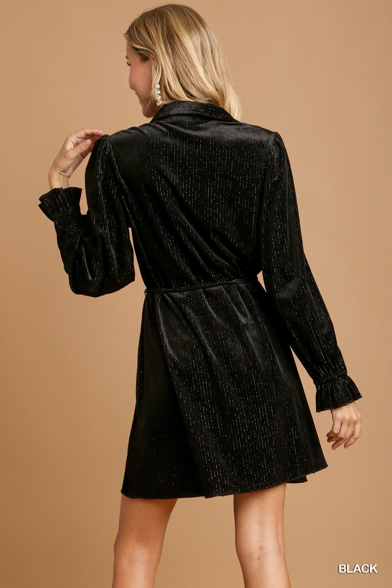 Textured Velvet Mini Dress with Metallic Pinstripe - Black