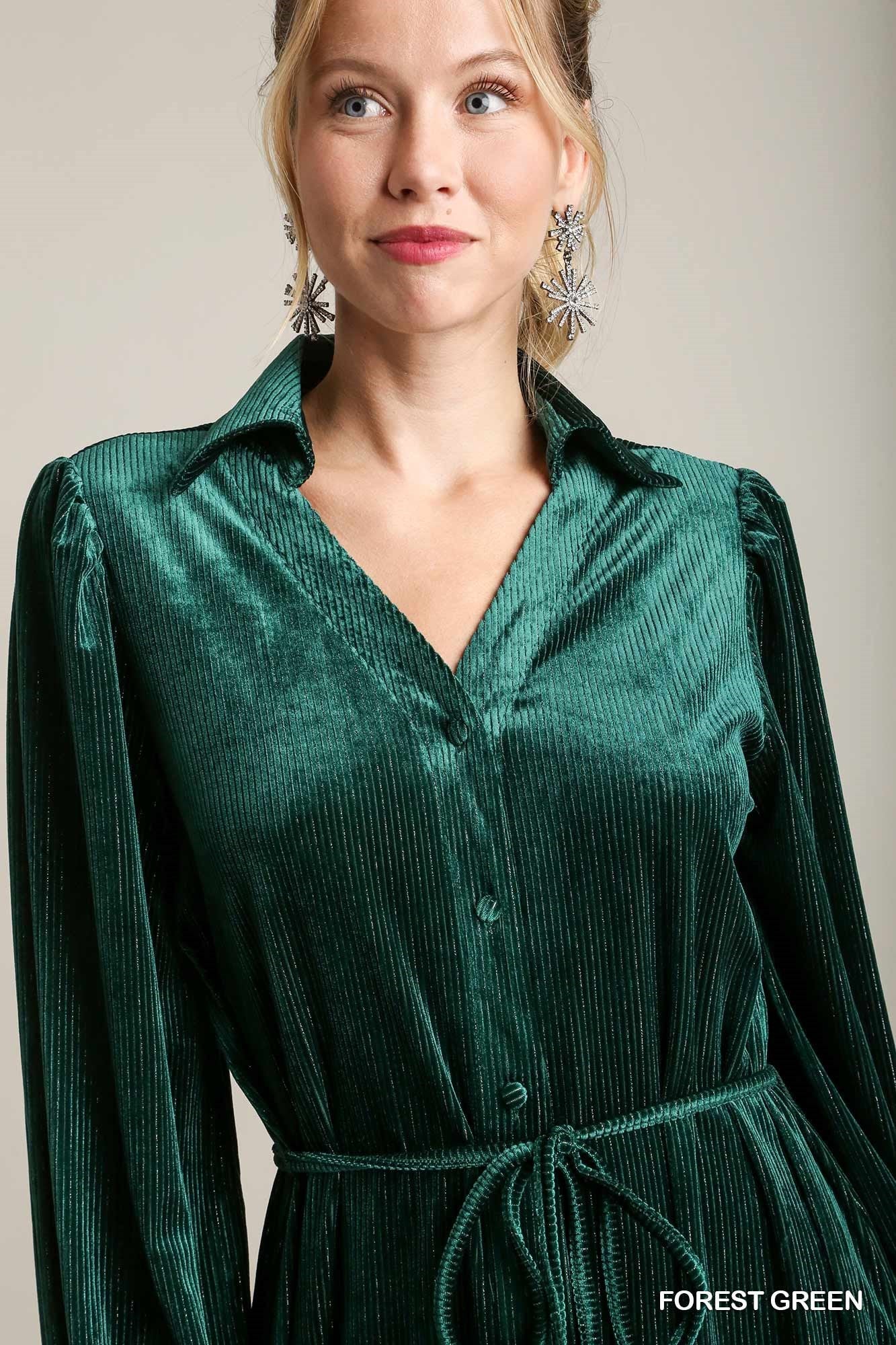 Textured Velvet Mini Dress with Metallic Pinstripe - Forest Green