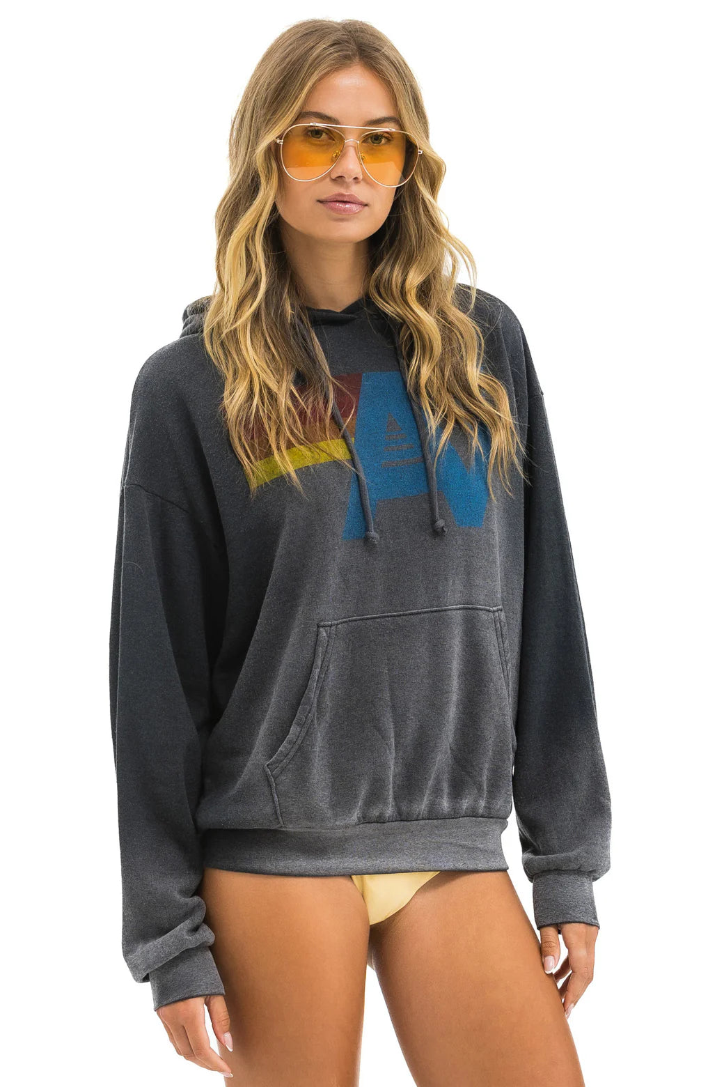 Aviator Nation Unisex Vintage Logo Relaxed Pullover Hoodie - Faded Smoke