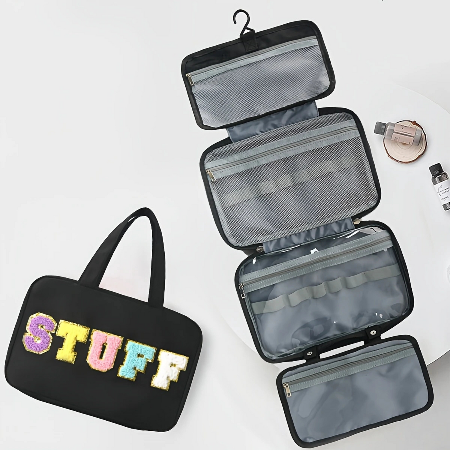 STUFF Waterproof Zippered Folding Travel Toiletry Bag - Black