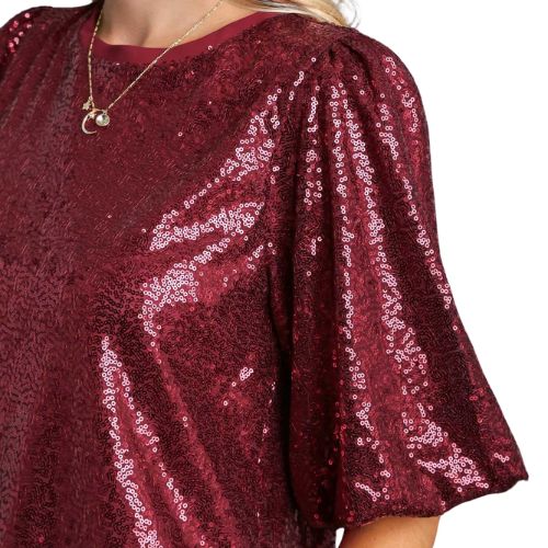 Sequin Short Puff Sleeve Top with Back Tie - Bordeaux