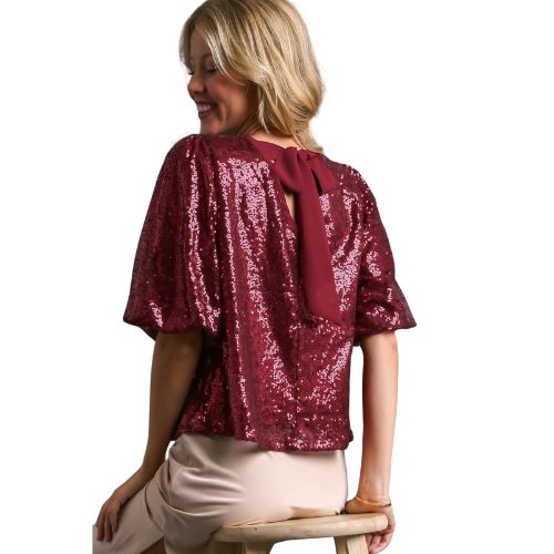 Sequin Short Puff Sleeve Top with Back Tie - Bordeaux