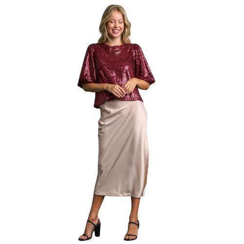 Sequin Short Puff Sleeve Top with Back Tie - Bordeaux