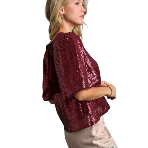 Sequin Short Puff Sleeve Top with Back Tie - Bordeaux