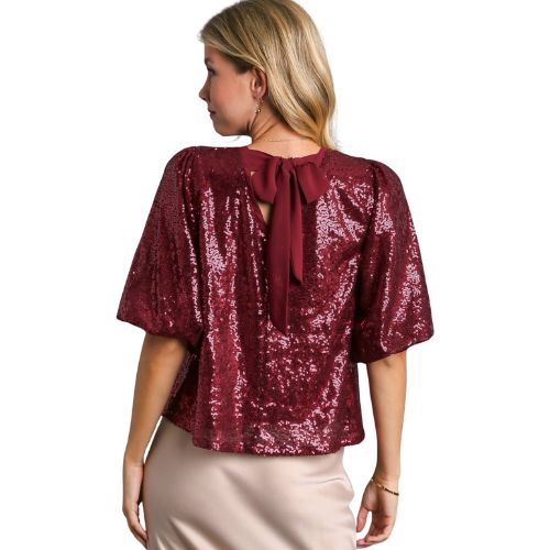 Sequin Short Puff Sleeve Top with Back Tie - Bordeaux