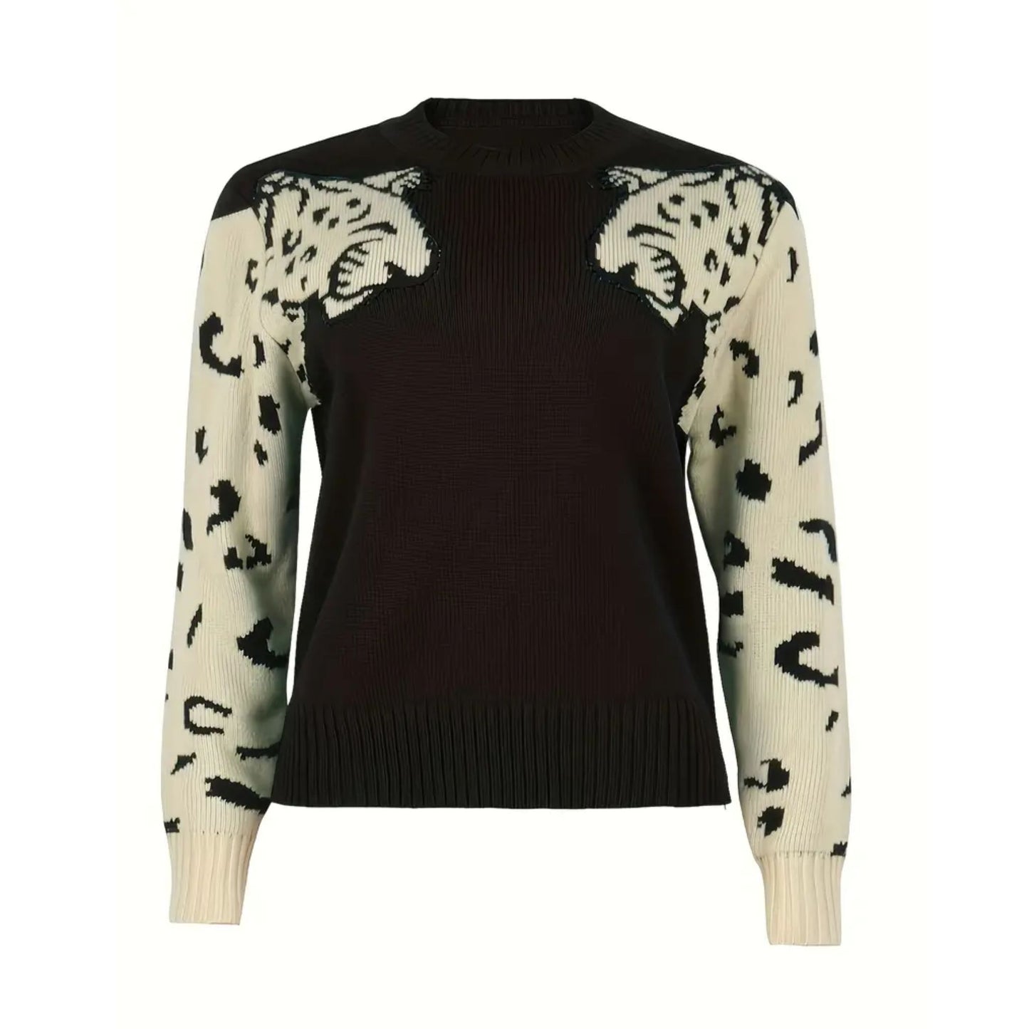 Snow Leopard Crew Neck Knit Sweater - Black