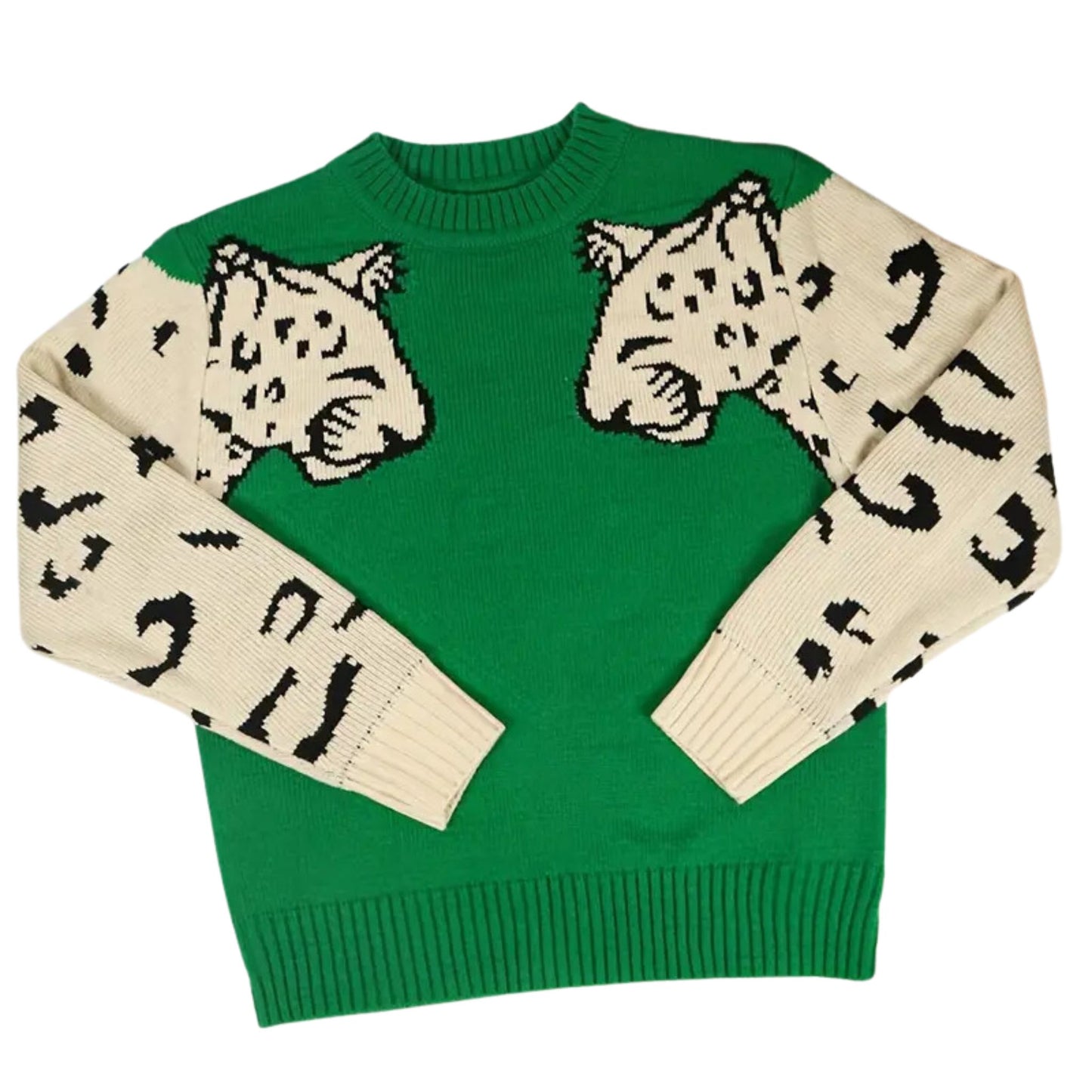 Snow Leopard Crew Neck Knit Sweater - Kelly Green