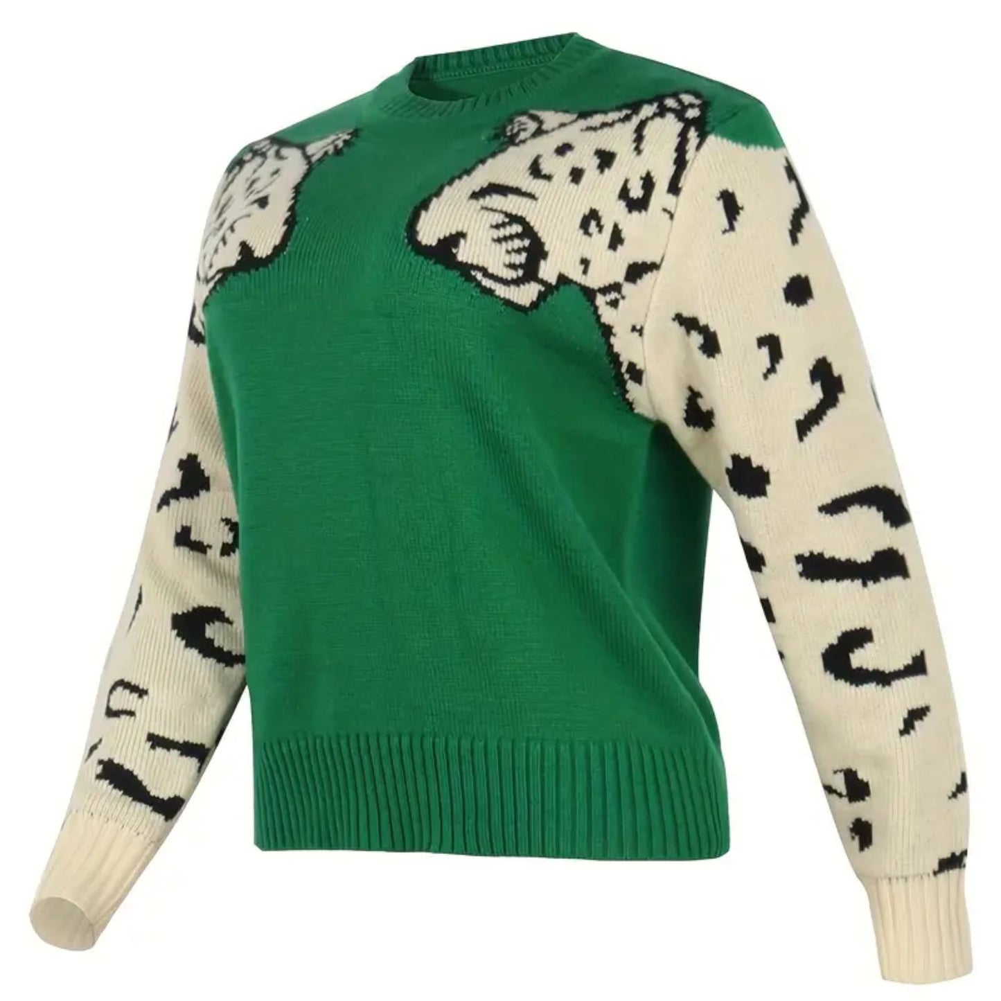 Snow Leopard Crew Neck Knit Sweater - Kelly Green