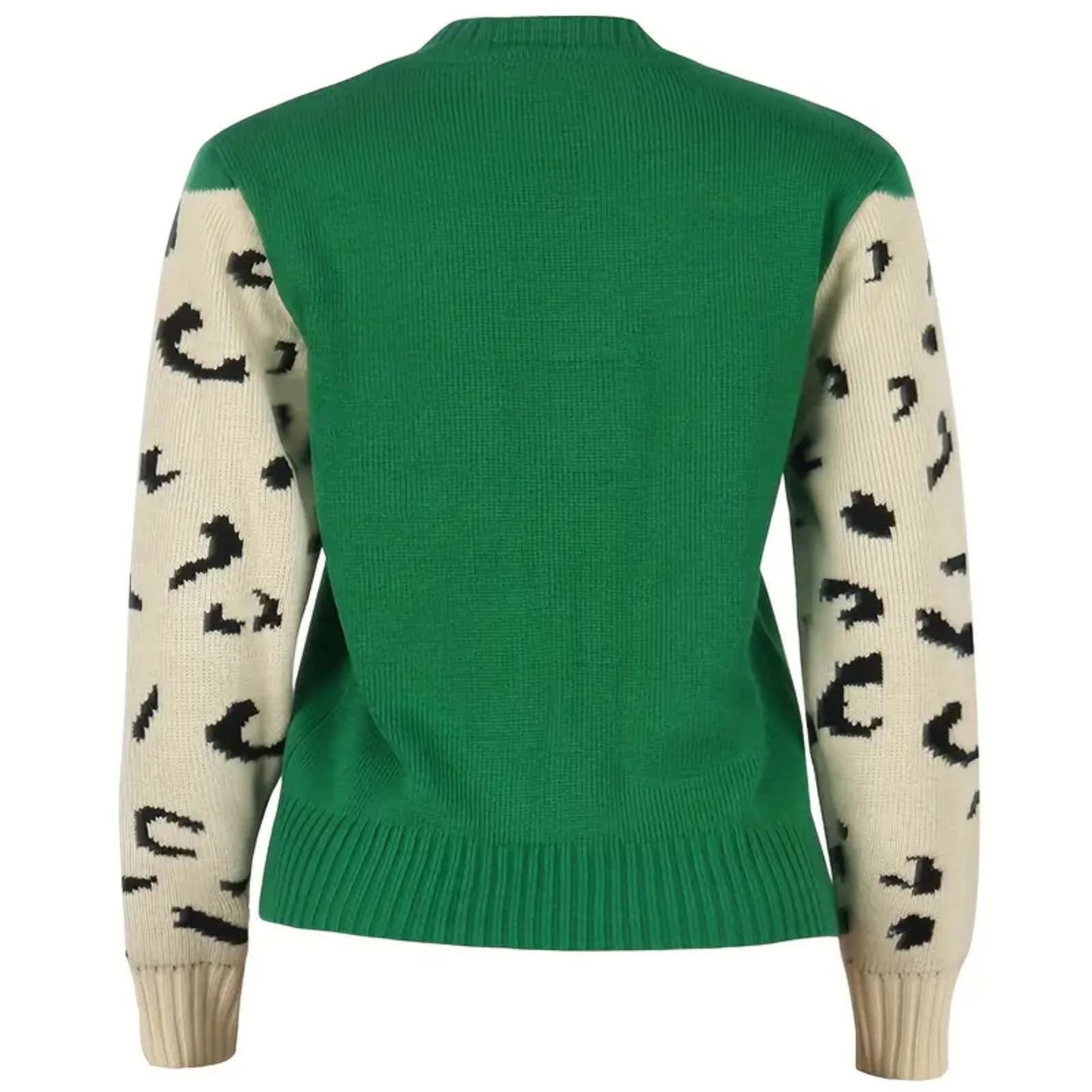 Snow Leopard Crew Neck Knit Sweater - Kelly Green