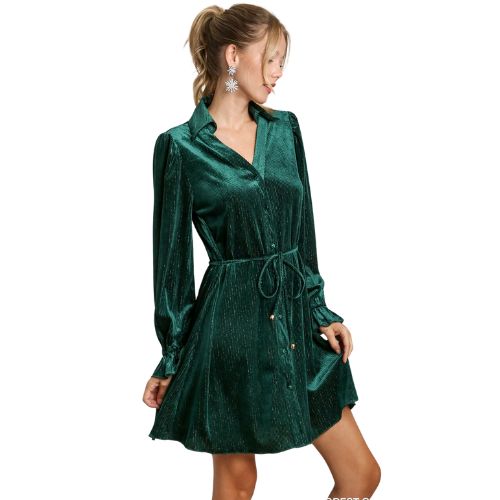 Textured Velvet Mini Dress with Metallic Pinstripe - Forest Green