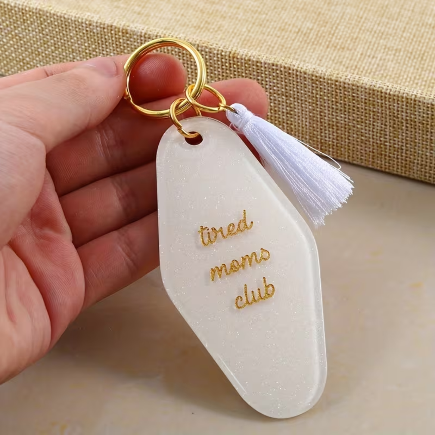 Tired Moms Club Keychain - White