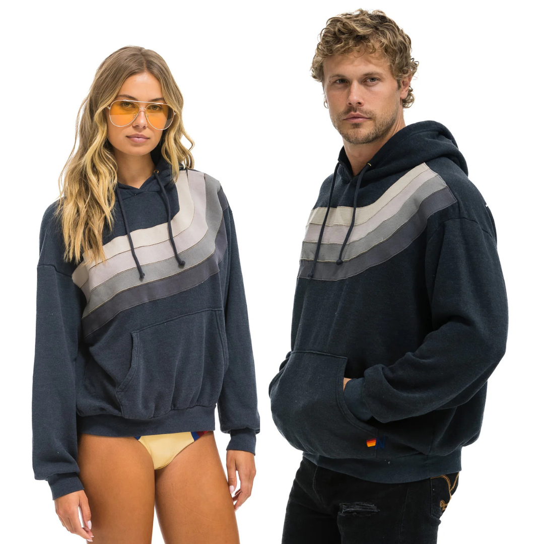 Aviator Nation - Adult Unisex Wave Stripe Pullover Relaxed Hoodie - Charcoal / Charcoal