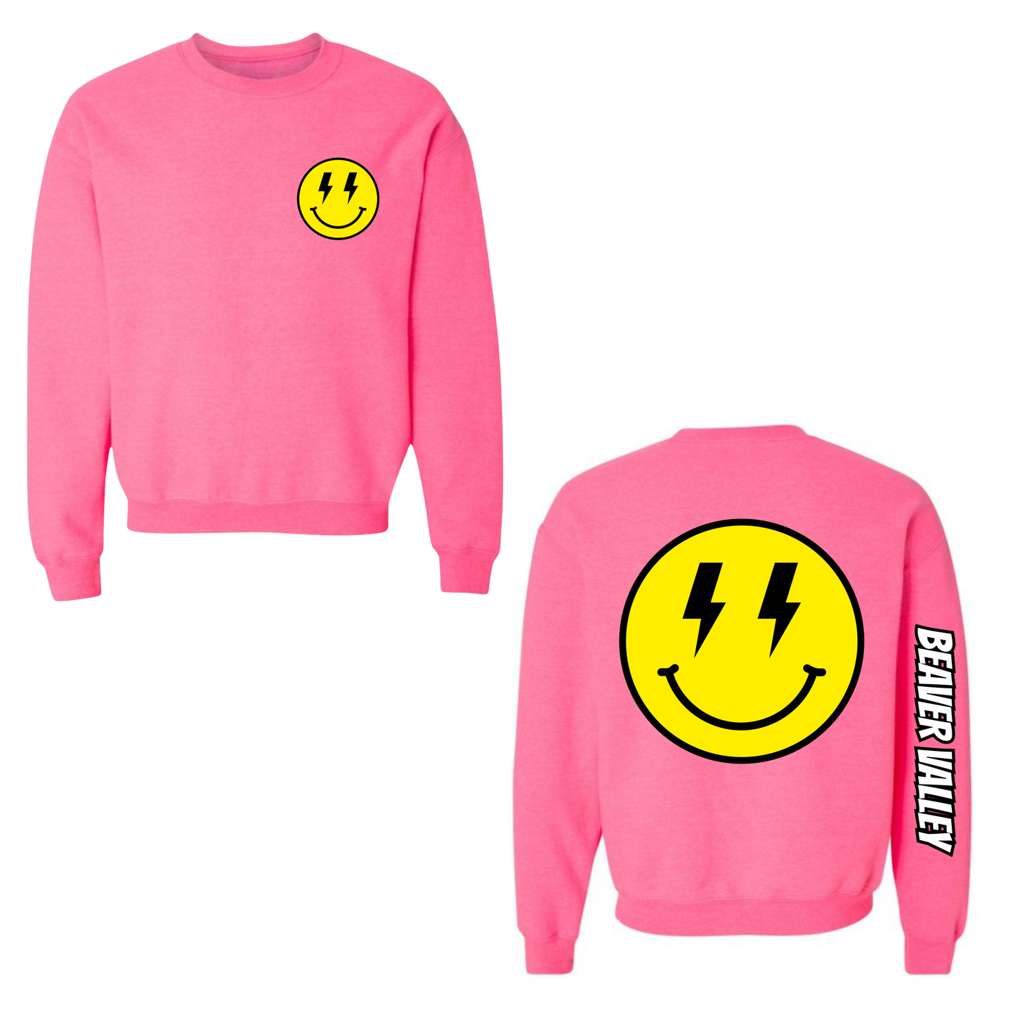 BVCS Crewneck Sweatshirt - Oversize Bolt Smile / Monochrome Graffiti Sleeve - Safety Pink
