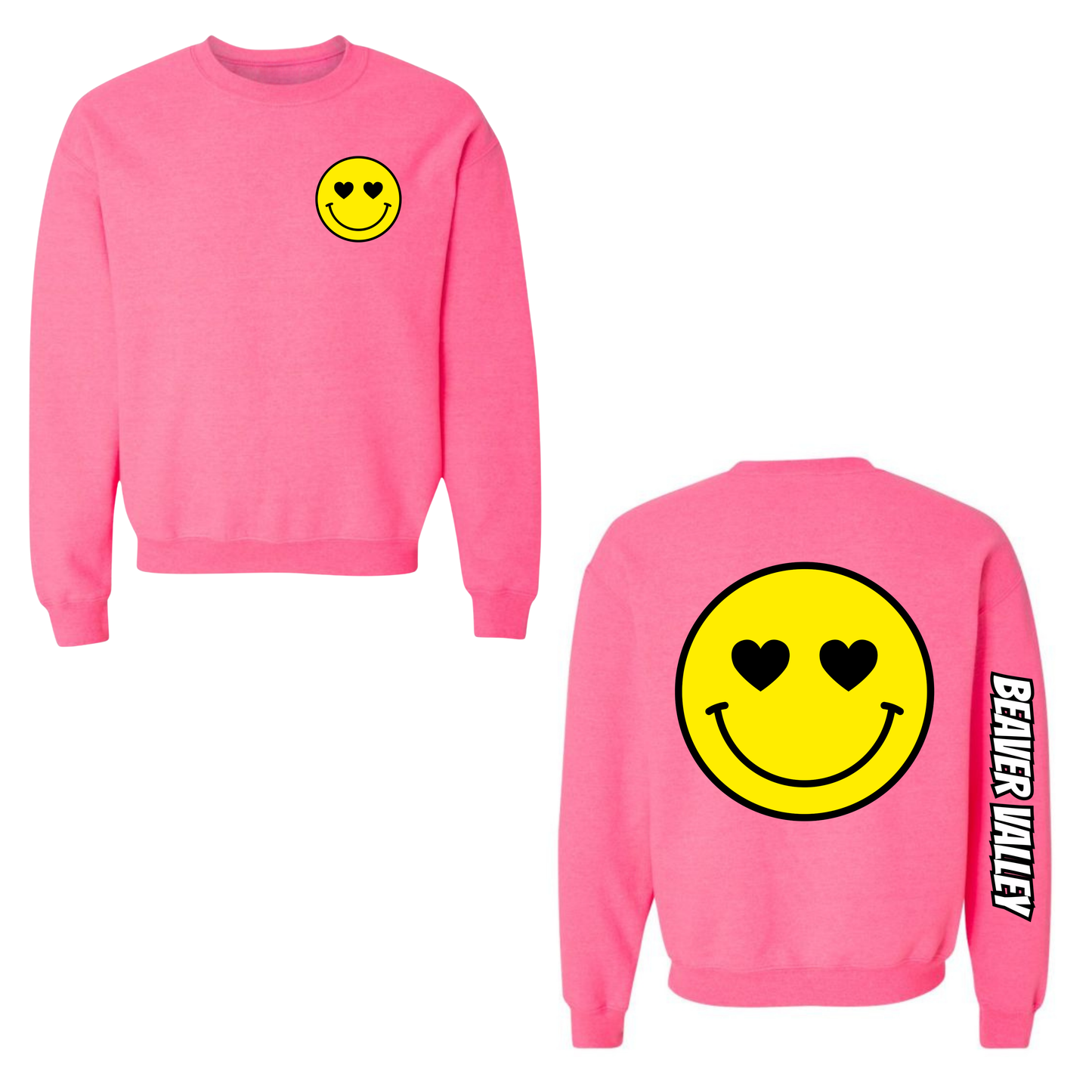 BVCS Crewneck Sweatshirt - Oversize Heart Smile / Monochrome Graffiti Sleeve - Safety Pink