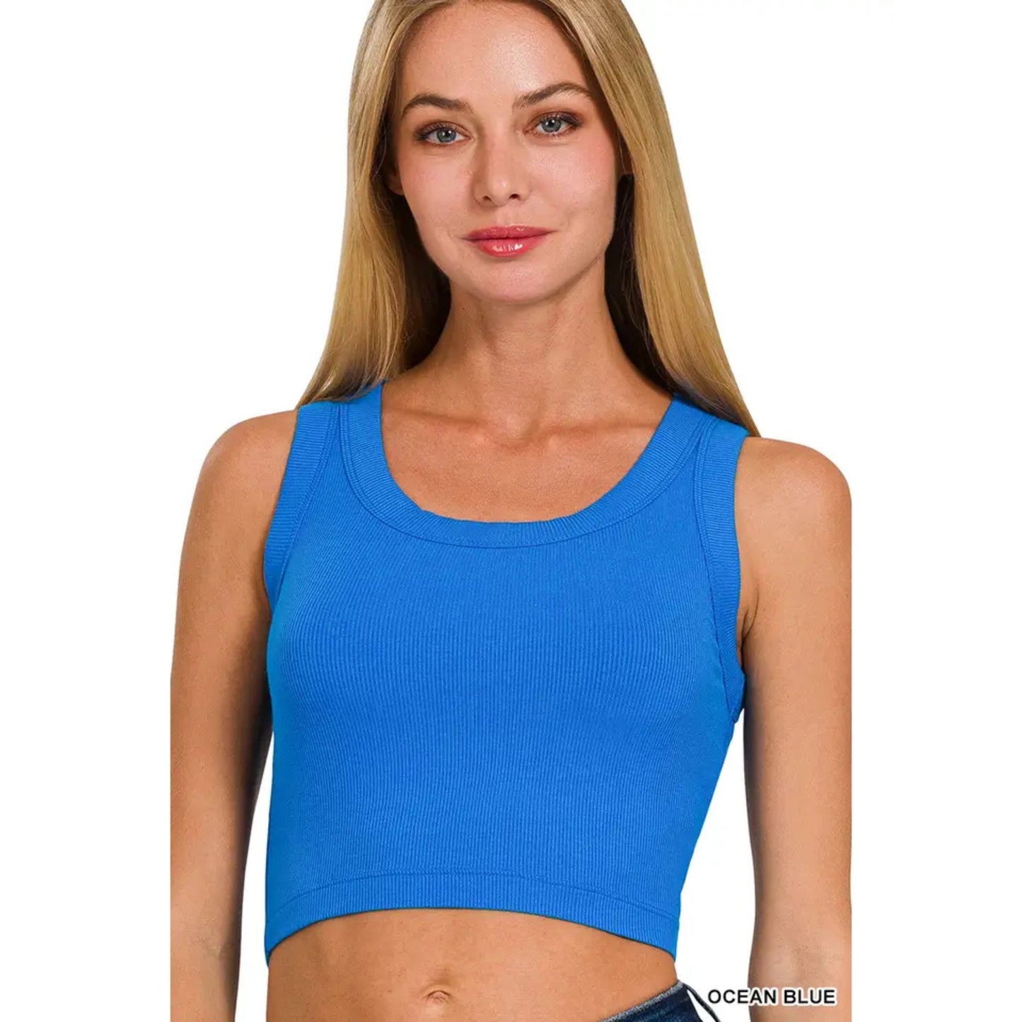 Vanilla Monkey - Ribbed Scoop Neck Cropped Tank Top - Ocean Blue
