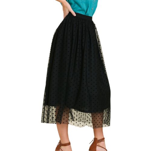 Velvet Polka Dot Mesh and Tulle Midi Skirt - Black
