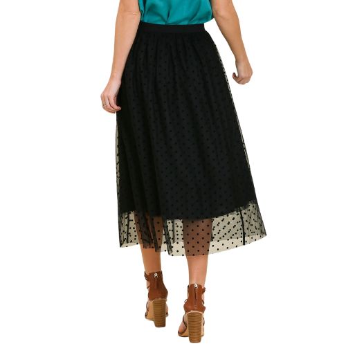 Velvet Polka Dot Mesh and Tulle Midi Skirt - Black