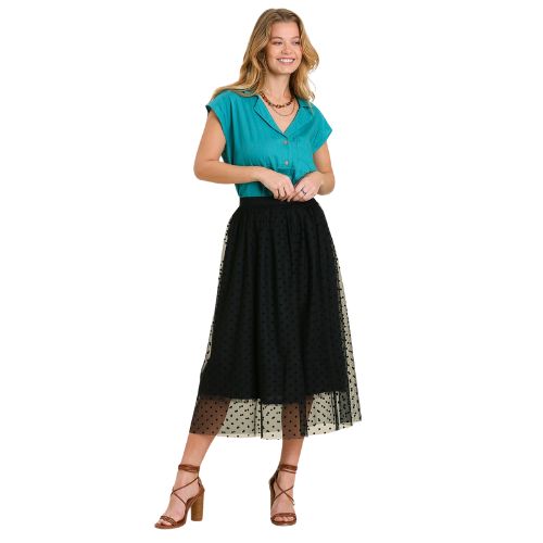 Velvet Polka Dot Mesh and Tulle Midi Skirt - Black