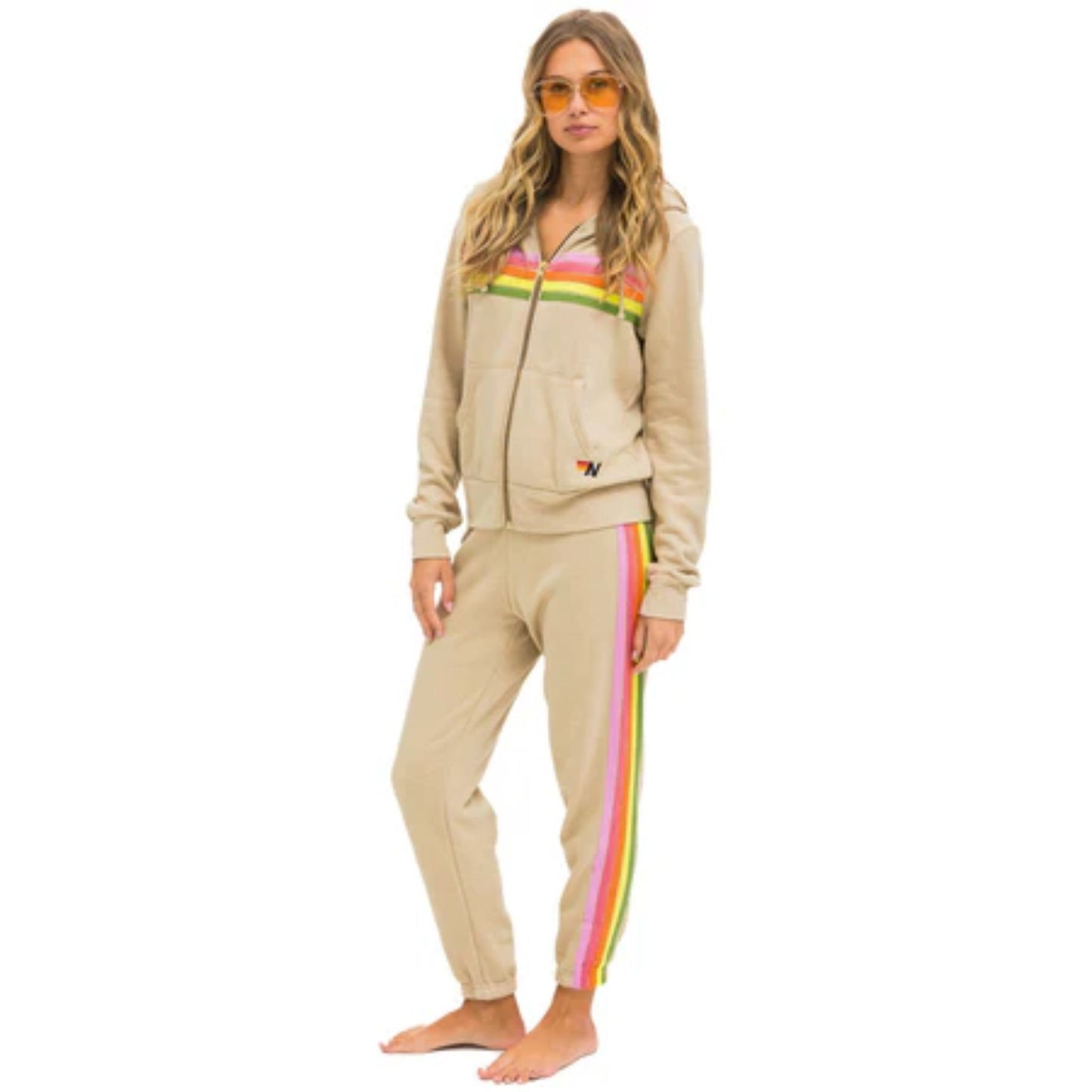 Aviator Nation - Women's 5 Stripe Sweatpants - Sand/Pink/Green