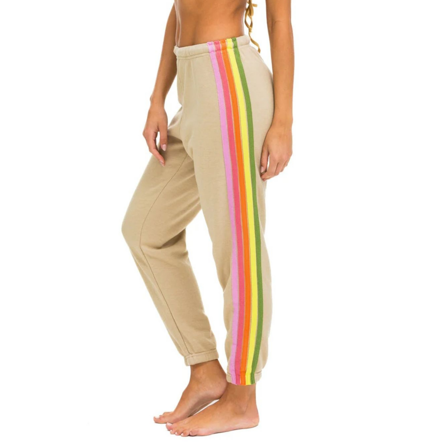 Aviator Nation - Women's 5 Stripe Sweatpants - Sand/Pink/Green