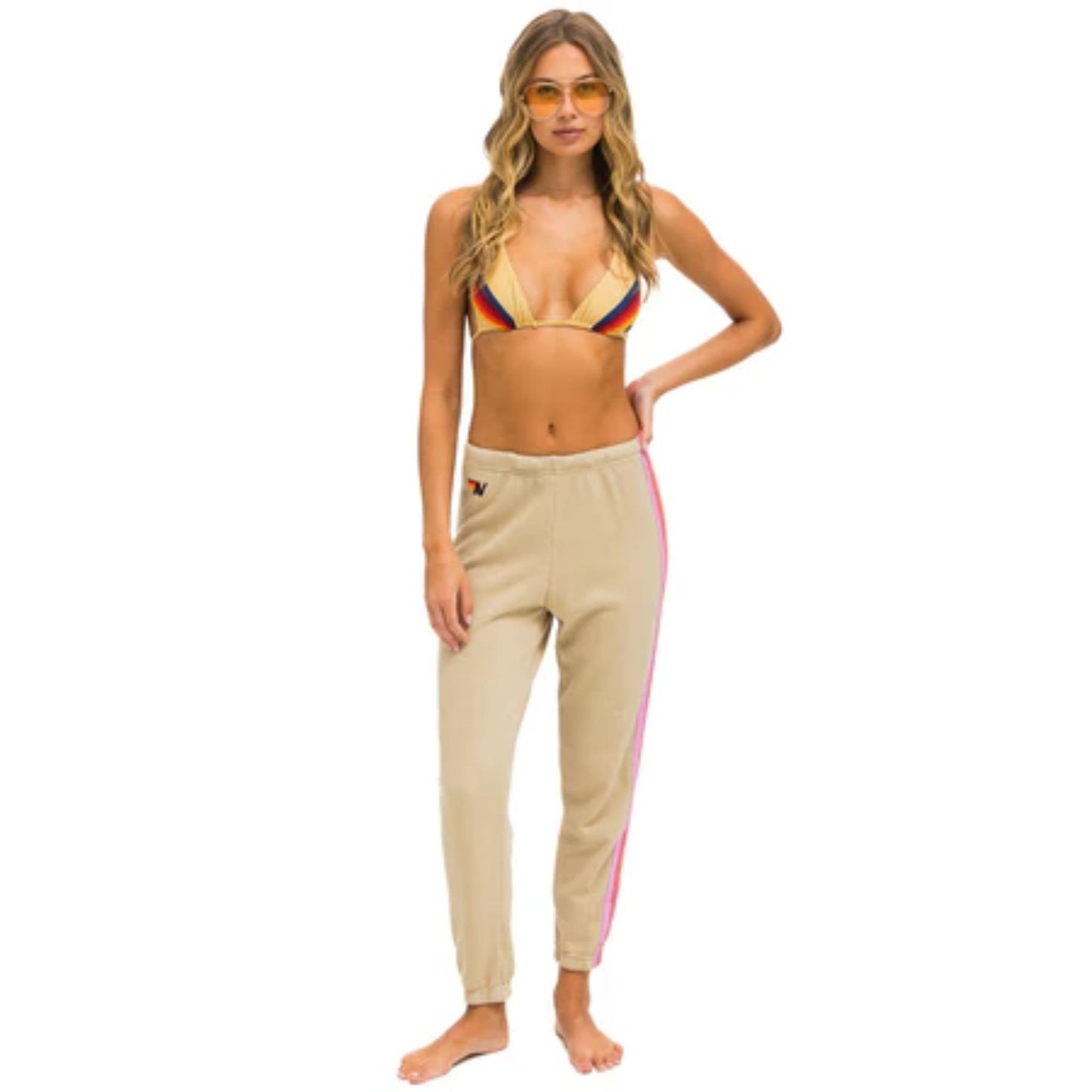 Aviator Nation - Women's 5 Stripe Sweatpants - Sand/Pink/Green