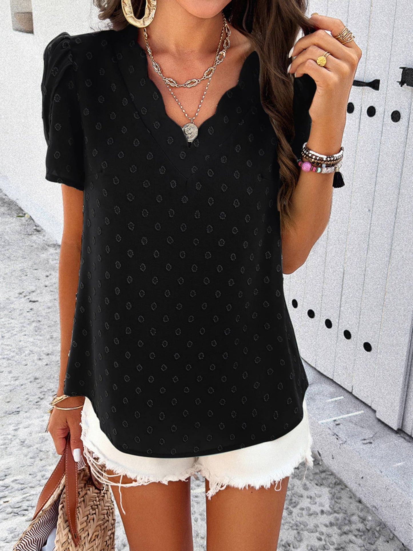 The Carolyn V-neck Ruffle Sleeve Top - Black