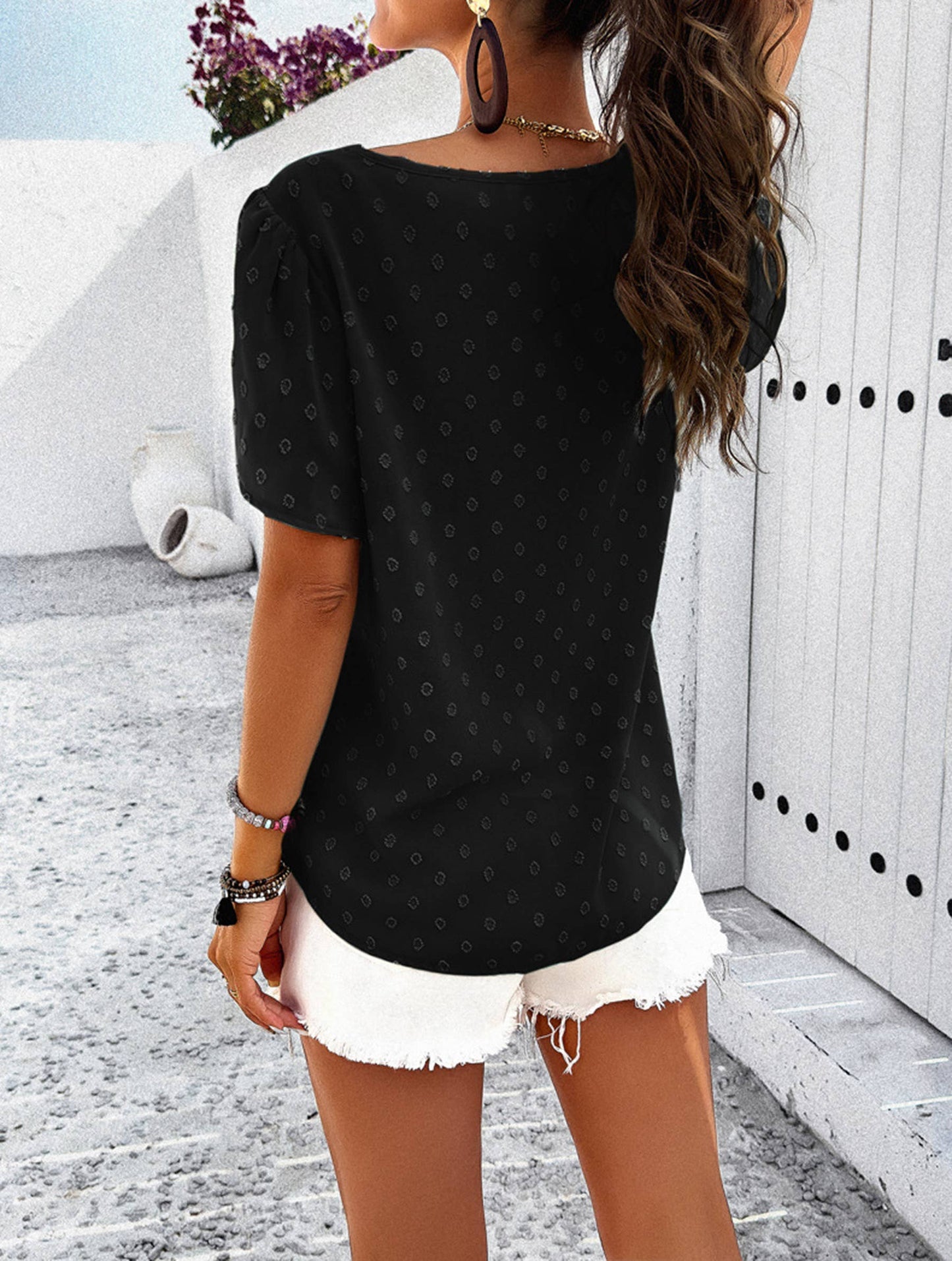 The Carolyn V-neck Ruffle Sleeve Top - Black