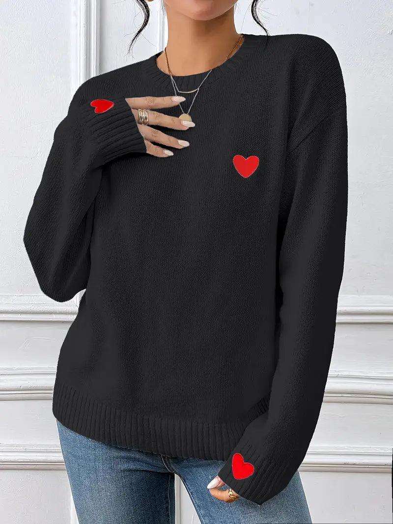 Womens Heart Embroidery Sweater - Black