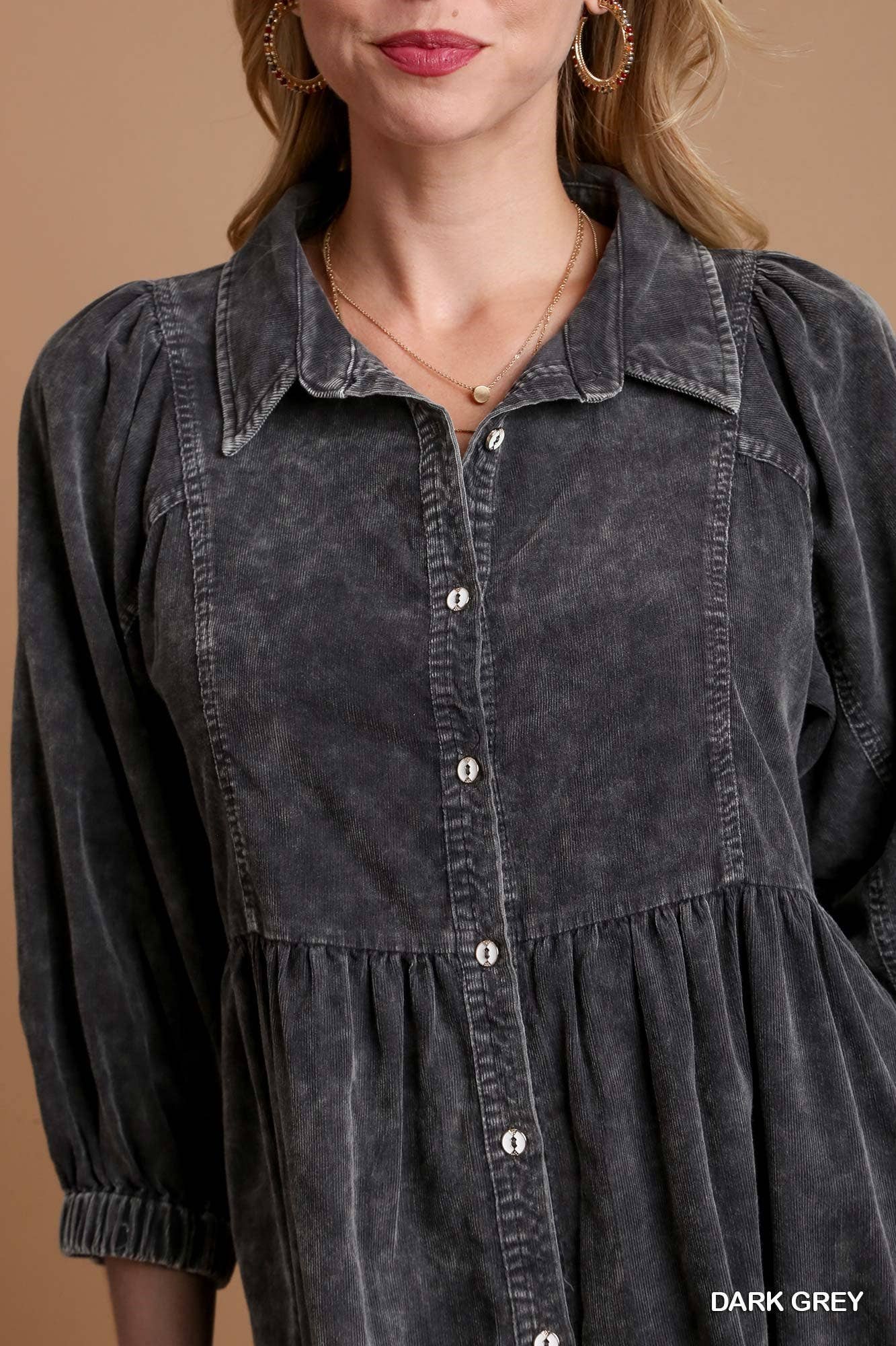 Button Down Corduroy Dress With Mineral Wash - Dark Grey